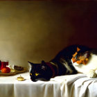 Three domestic cats with unique patterns near a bottle and fruits on warm backdrop