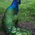 Digital artwork: Peacock body with cat head, vibrant green and blue plumage, orange eyes