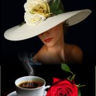 Stylish woman in ornate hat with coffee and red rose on dark background