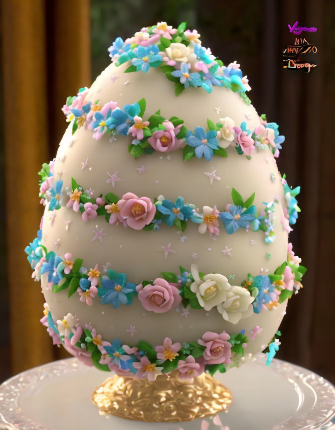 Intricately designed floral Easter egg on golden stand against wooden backdrop