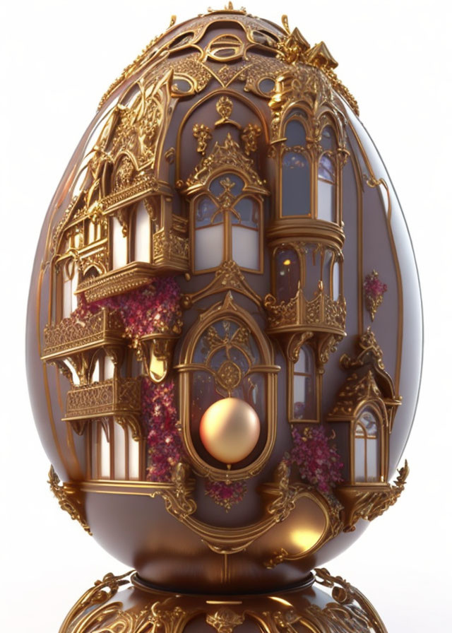 Egg-shaped golden filigree object with pink floral accents