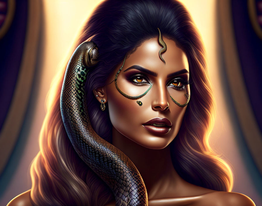 Serpent-themed woman portrait with piercing eyes and ornate jewelry