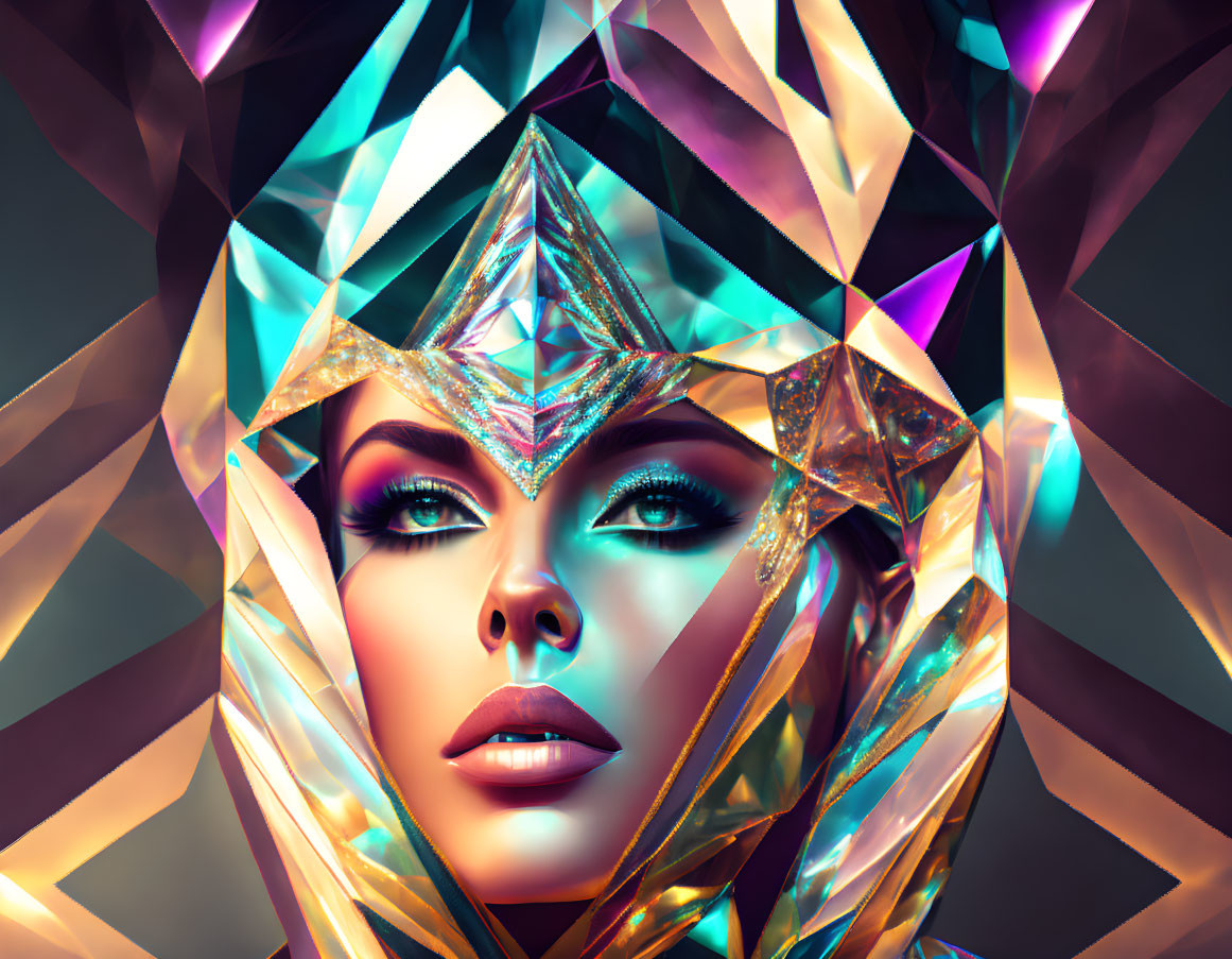 Vibrant digital artwork: Woman with crystalline structure morphing around face