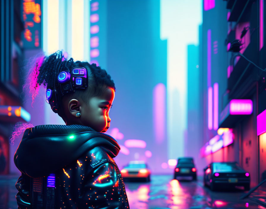 Child with futuristic gadgets in hair in neon-lit cityscape at dusk