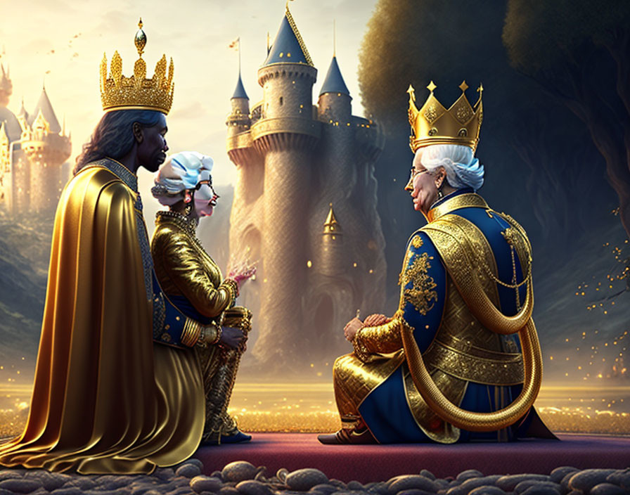 Regal individuals in ornate robes and crowns discussing before a castle