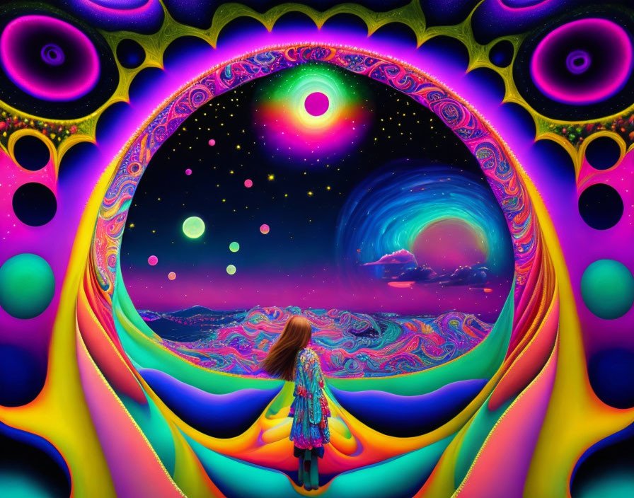 Colorful Cloaked Figure in Psychedelic Landscape