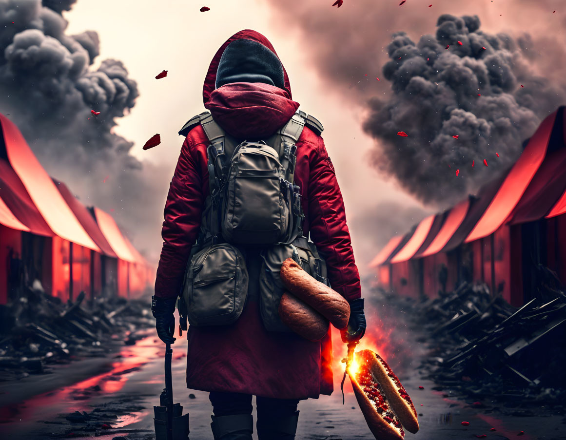 Person in red jacket with backpack and baguette in dystopian landscape