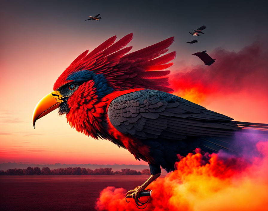 Colorful surreal bird with parrot's head and eagle body perched on flaming branch in dramatic sunset