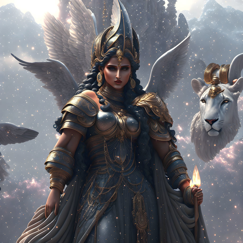 Majestic winged female figure in ram-themed armor amidst ethereal clouds.