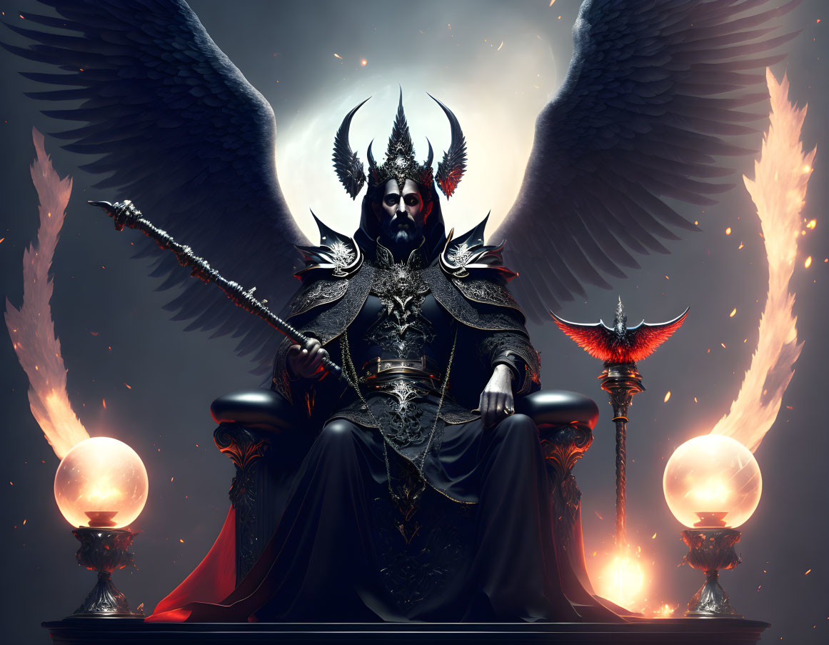 Majestic dark figure with wings, helmet, scepter, on throne with orbs.