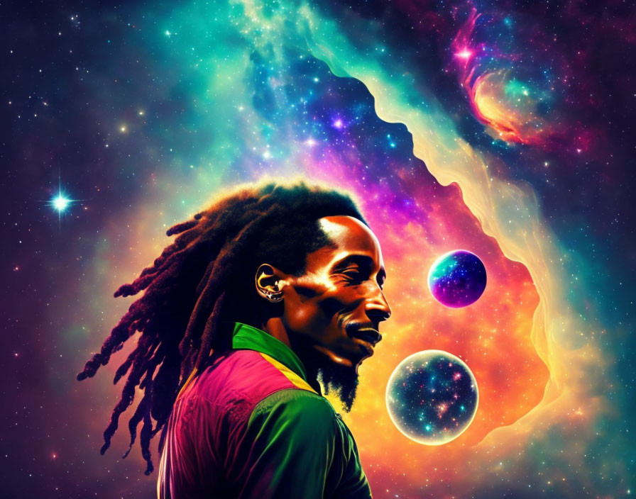 Colorful digital artwork: Man with dreadlocks on cosmic background