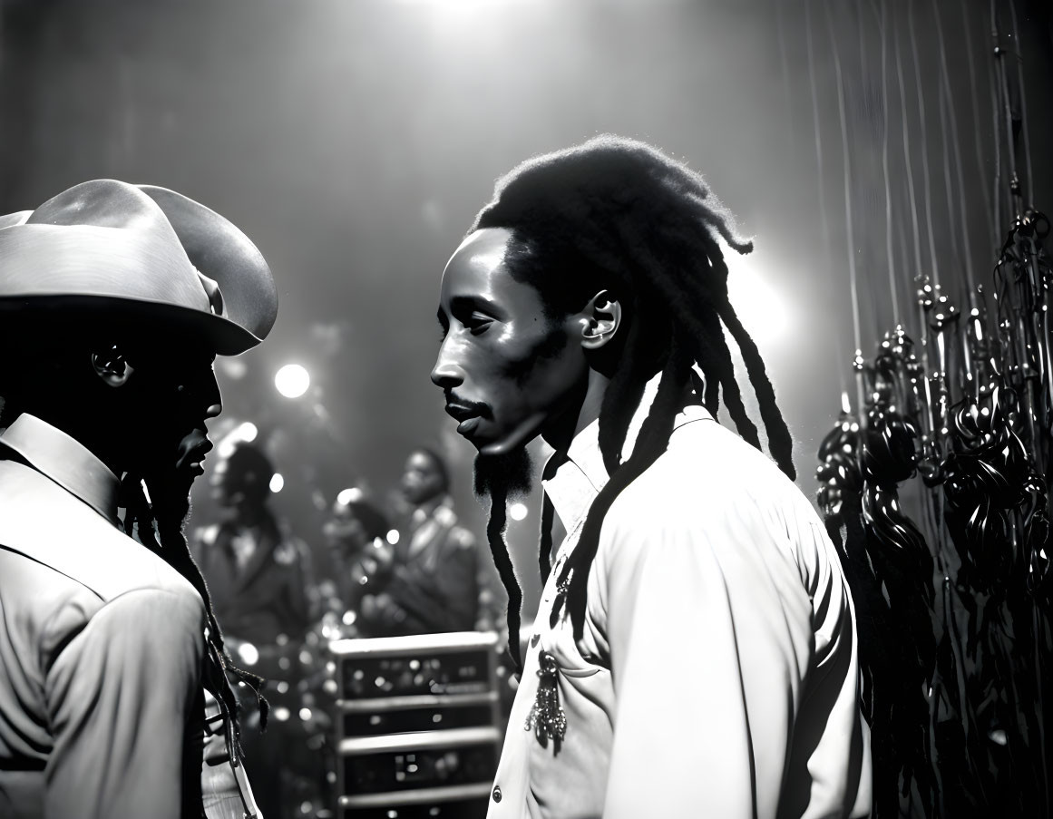 Men in military hat and dreadlocks in dramatic black and white scene