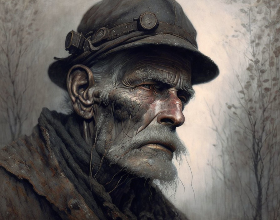 Detailed Painting: Elderly Soldier in Wartime Helmet Showing Grim Experience