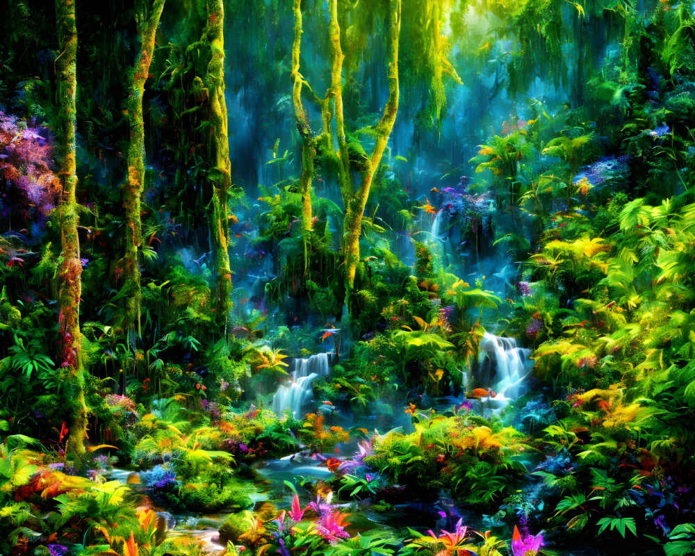 Lush Jungle with Waterfalls and Colorful Plants