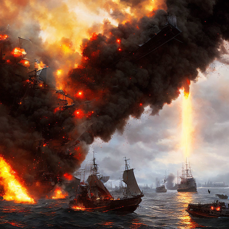 Warships on Fire with Explosions and Smoke in Gloomy Sky