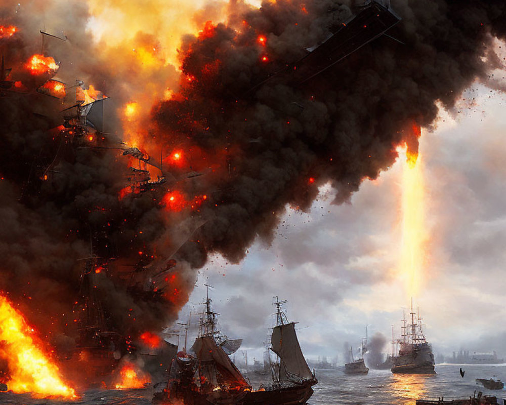 Warships on Fire with Explosions and Smoke in Gloomy Sky