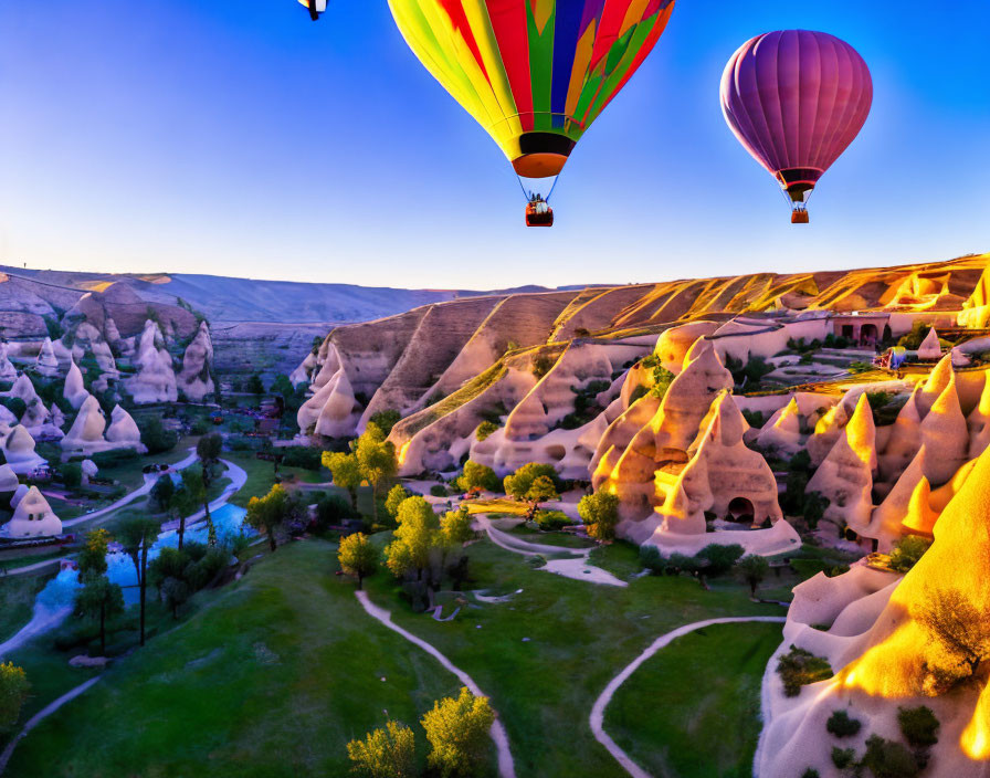 Vibrant hot air balloons soar over scenic sunrise landscape