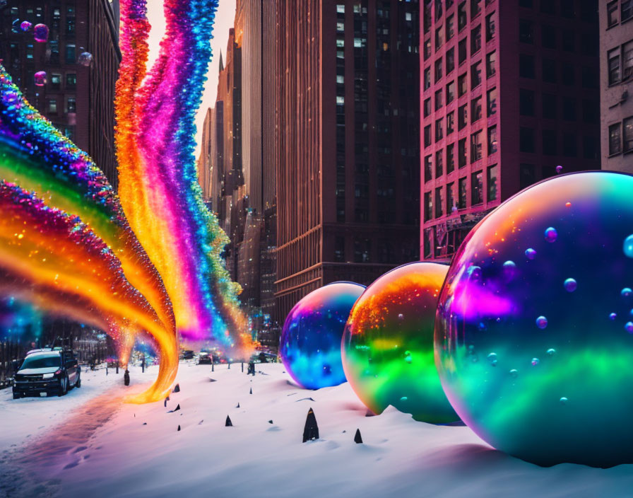 Vibrant light trails and iridescent bubbles in snowy cityscape