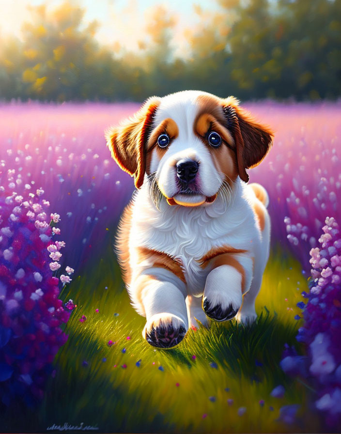 Fluffy Saint Bernard Puppy in Field of Purple Flowers