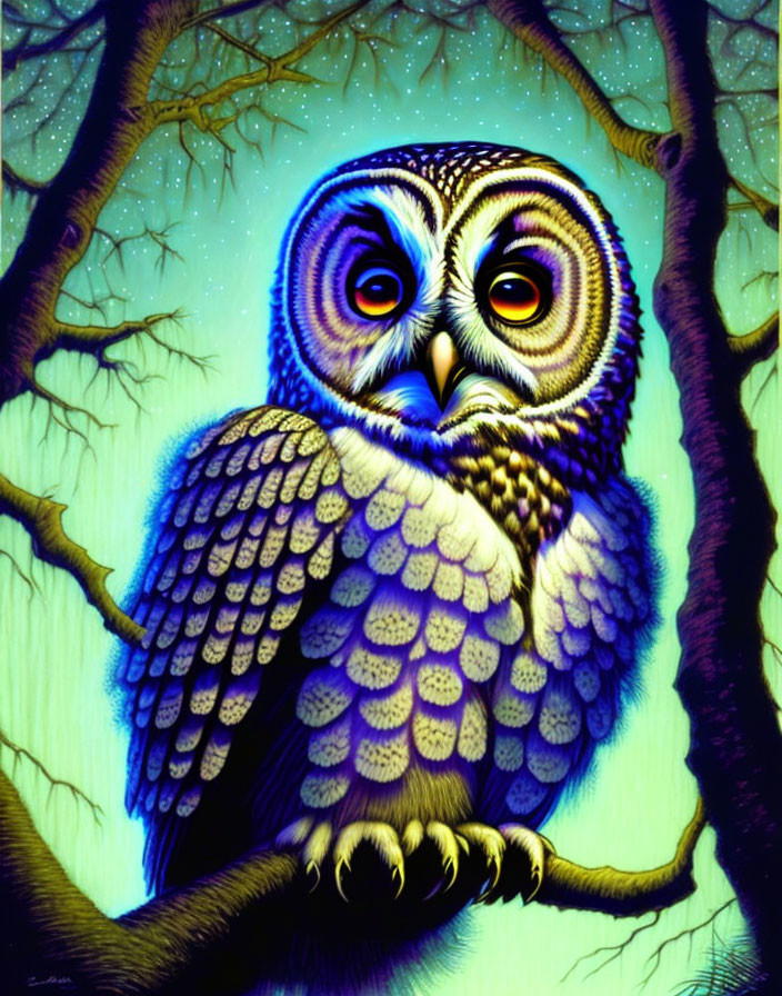 Illustrated owl perched on branch at night with expressive eyes in glowing atmosphere.