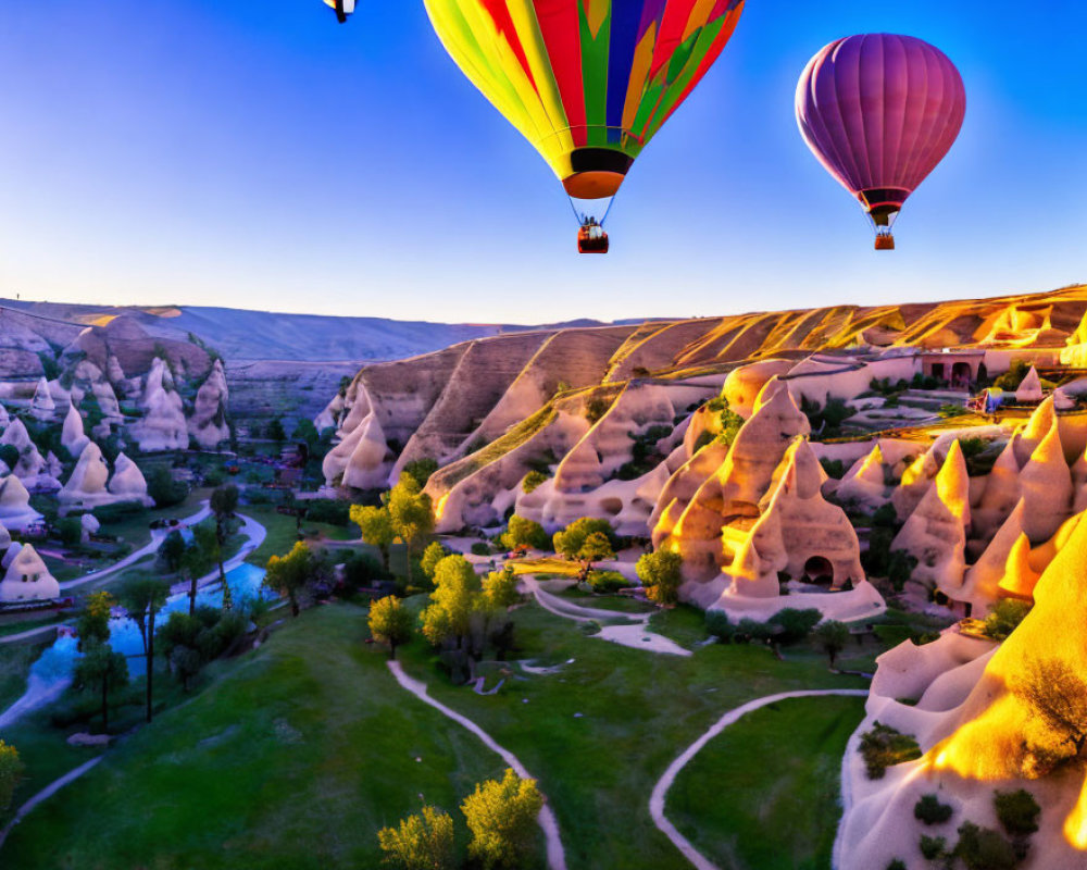 Vibrant hot air balloons soar over scenic sunrise landscape