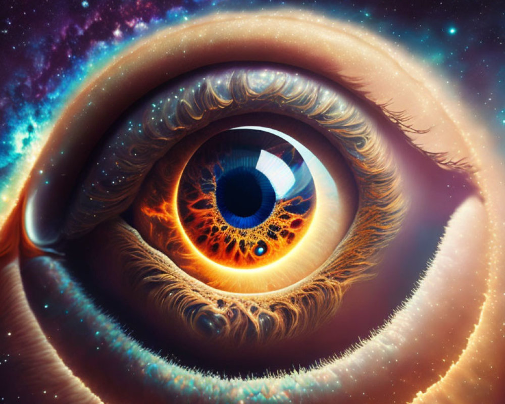 Close-up surreal image of an eye with cosmic starry sky overlay