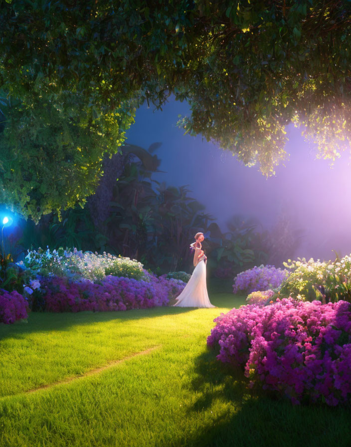 Person in flowing dress in lush garden under tree canopy with soft lights.