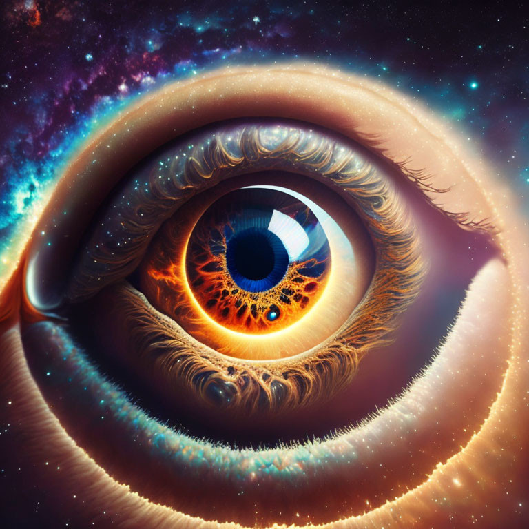 Close-up surreal image of an eye with cosmic starry sky overlay