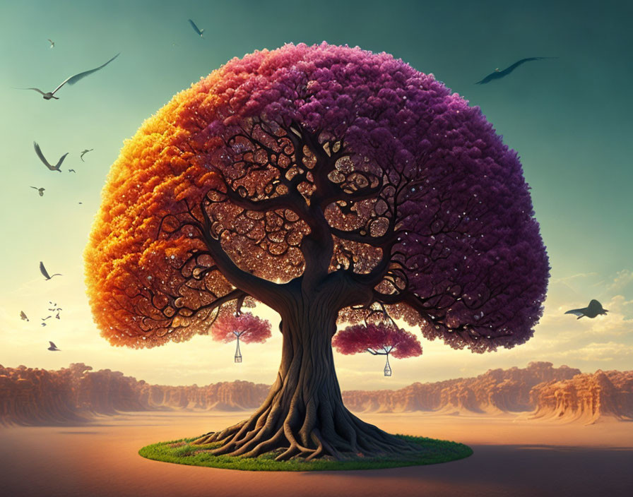 Colorful gradient tree with swings, birds, cliffs, and sky