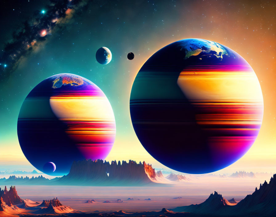 Colorful Alien Landscape with Planets and Moons in Starry Sky