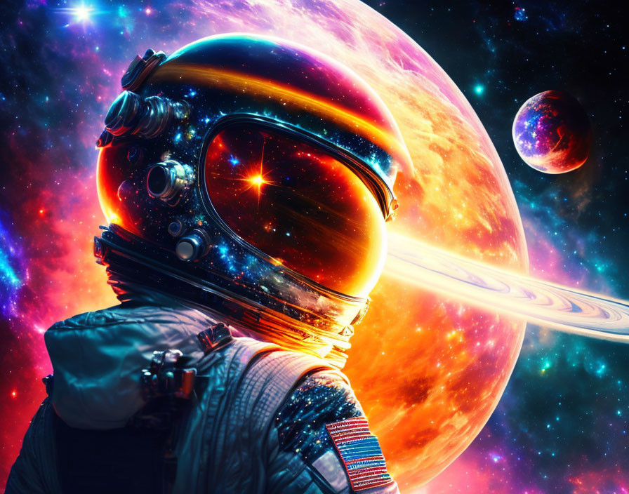 Astronaut with reflective visor in vibrant outer space scene