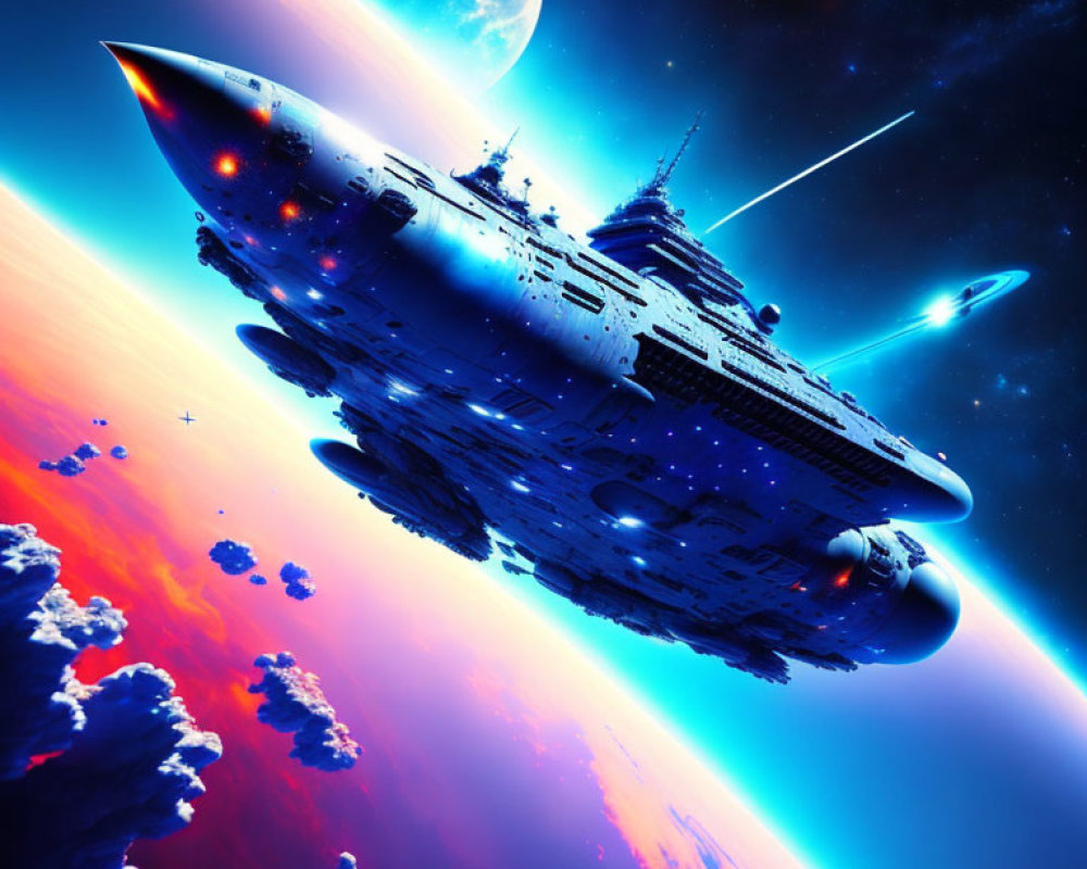 Detailed Spaceship Traveling Through Blue and Orange Nebula