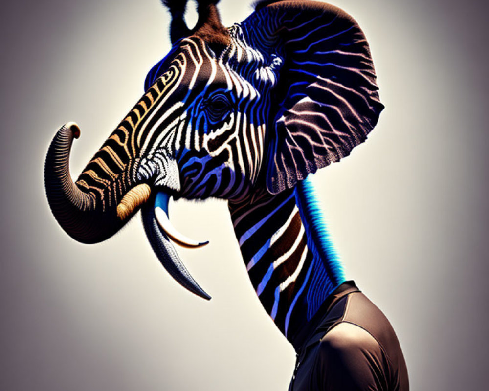 Surreal image of person with elephant head and zebra stripes on gradient background