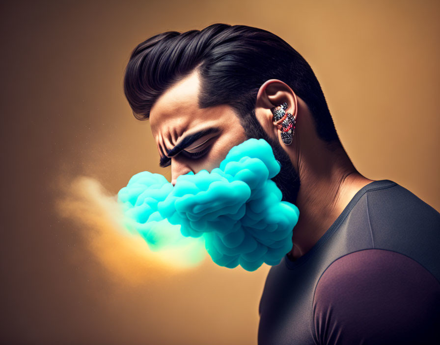 Man with Sculpted Hair and Earring Exhaling Blue Clouds on Plain Background