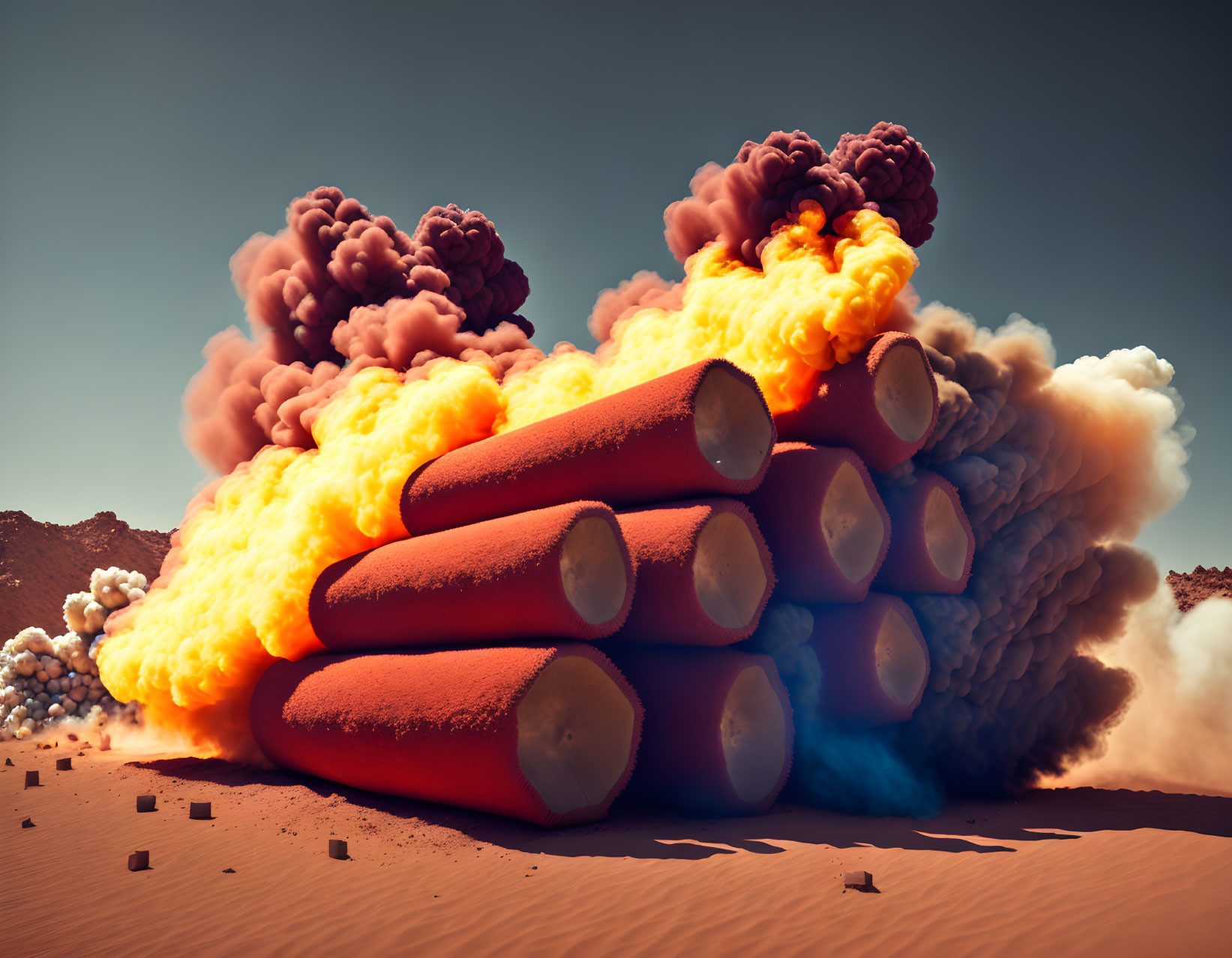 Dramatic fire explosions on large log pile in barren landscape