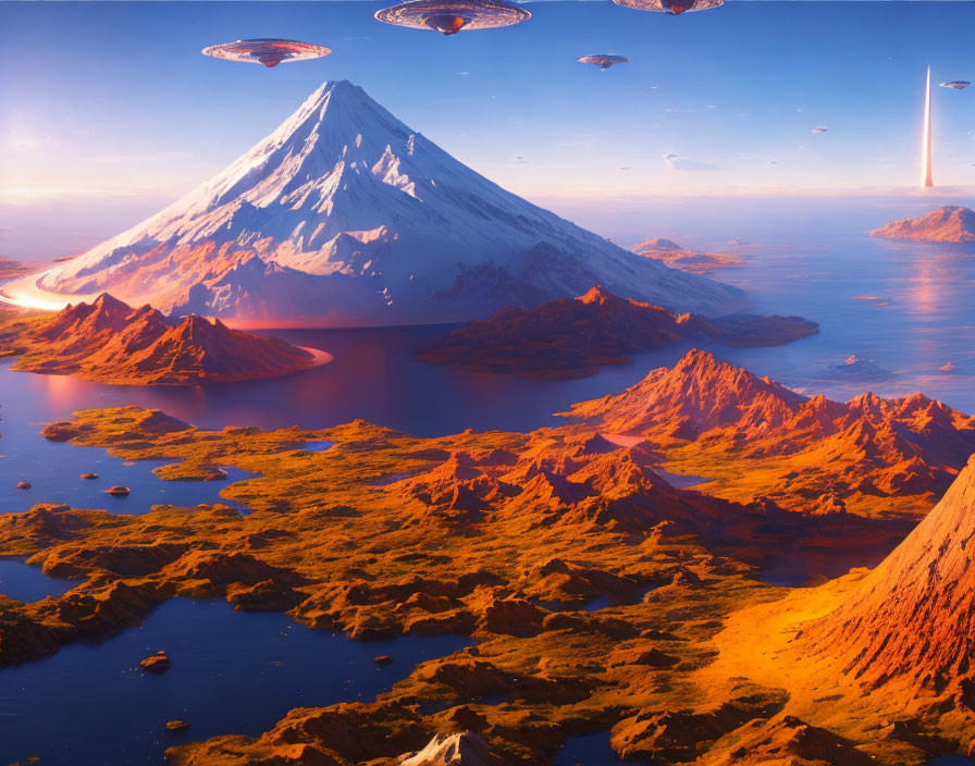 Snow-capped volcano in futuristic sci-fi landscape with flying saucers