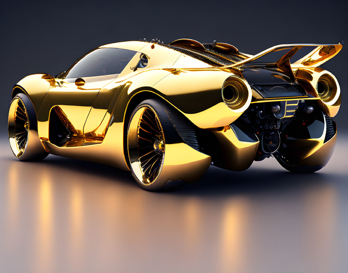 Golden futuristic sports car with aerodynamic design on reflective surface