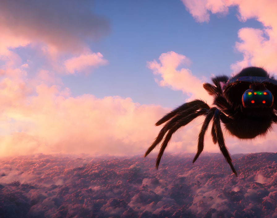 Giant tarantula in surreal pink sky with serene expression