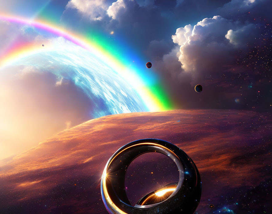 Colorful cosmic scene with rainbow over planet and celestial bodies