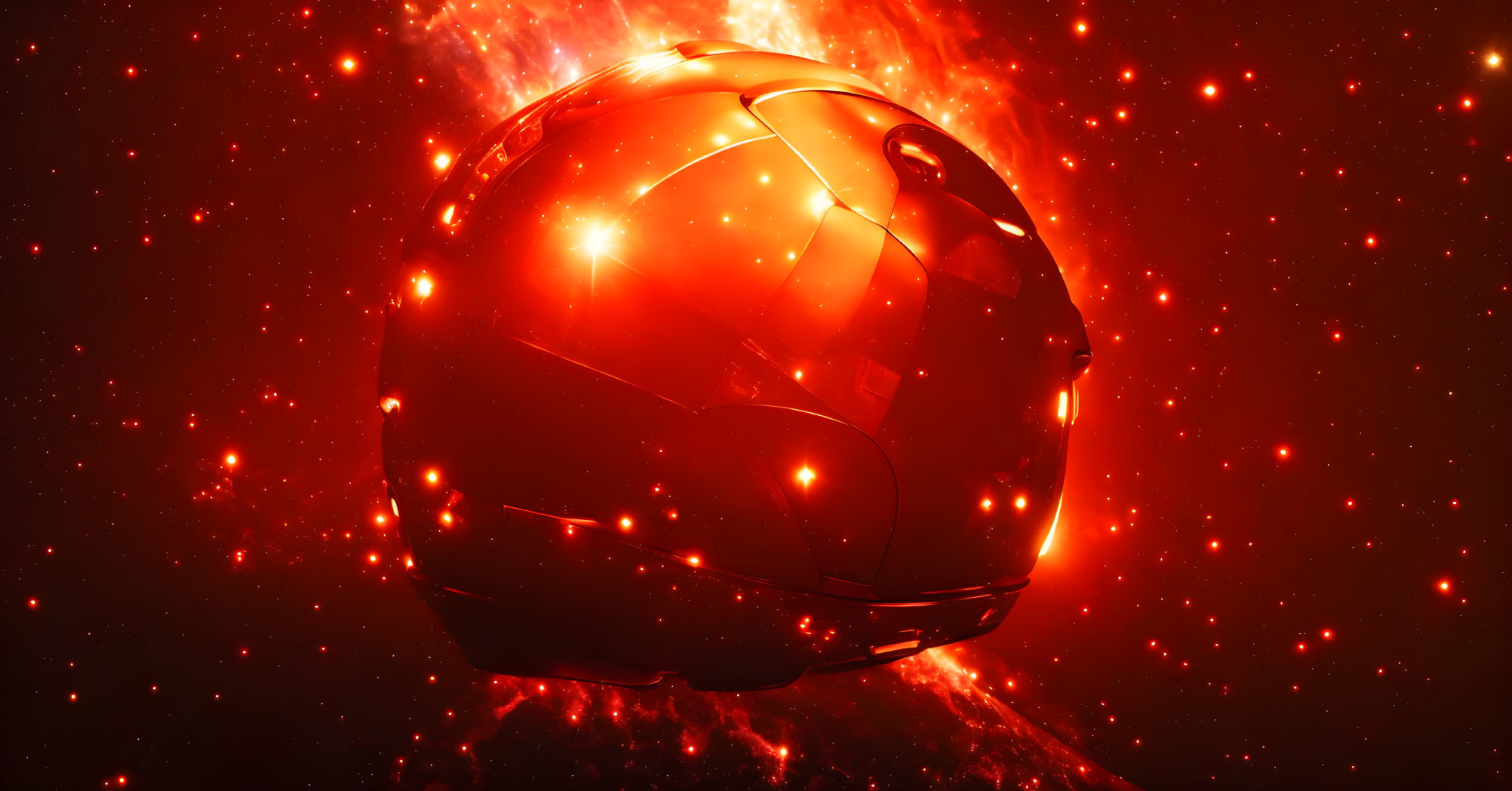 Shiny red metallic sphere with fiery sparks on red background