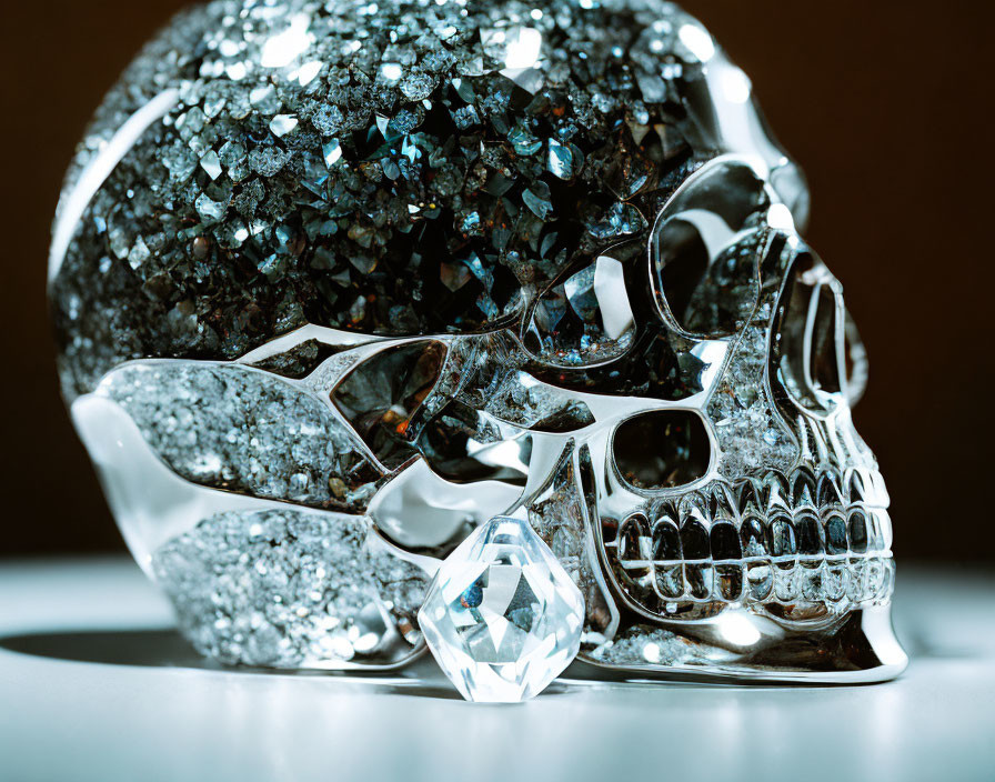 Crystal-Encrusted Skull with Diamond on Blurred Background