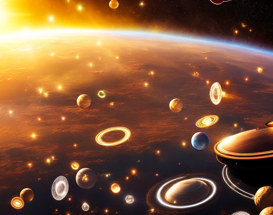 Colorful space scene with planets and glowing ring portals against a sunlit horizon.
