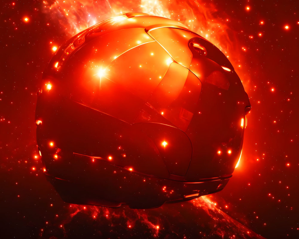 Shiny red metallic sphere with fiery sparks on red background