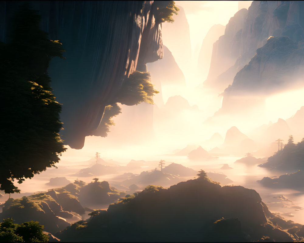 Misty Mountains, Sunlit Valley, and Looming Cliffs Landscape