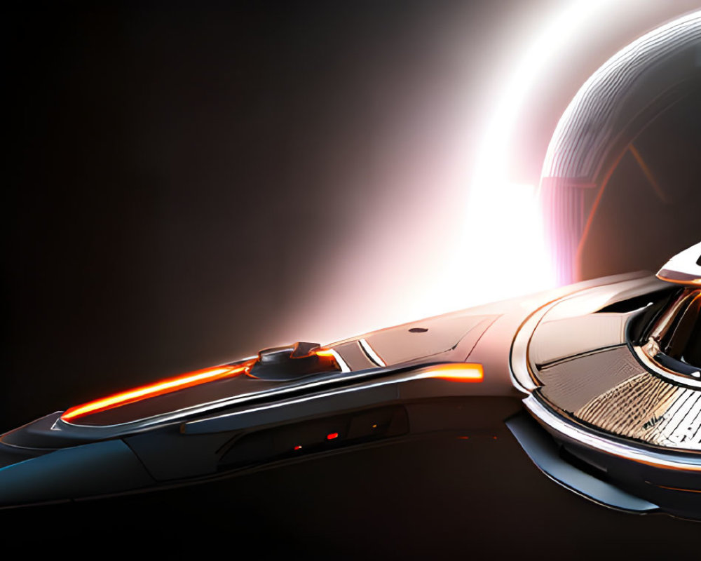 Futuristic spaceship with glowing orange accents on dark background