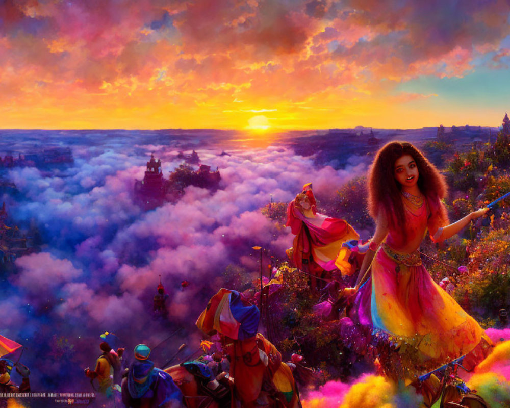 Colorful sunset fantasy landscape with smiling woman and flying carpets