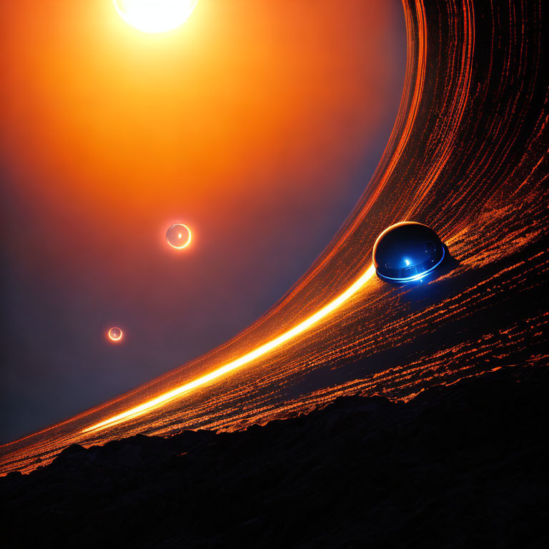 Futuristic sci-fi landscape with glowing sun and blue portals