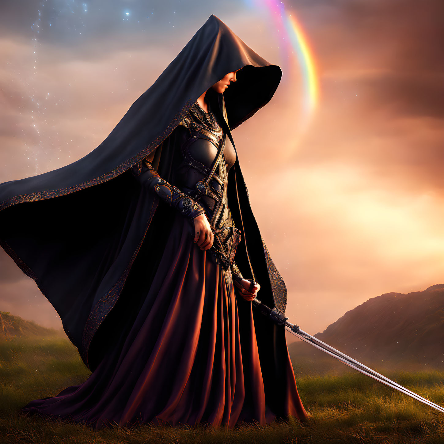 Cloaked figure in ornate armor with sword in field at sunset.