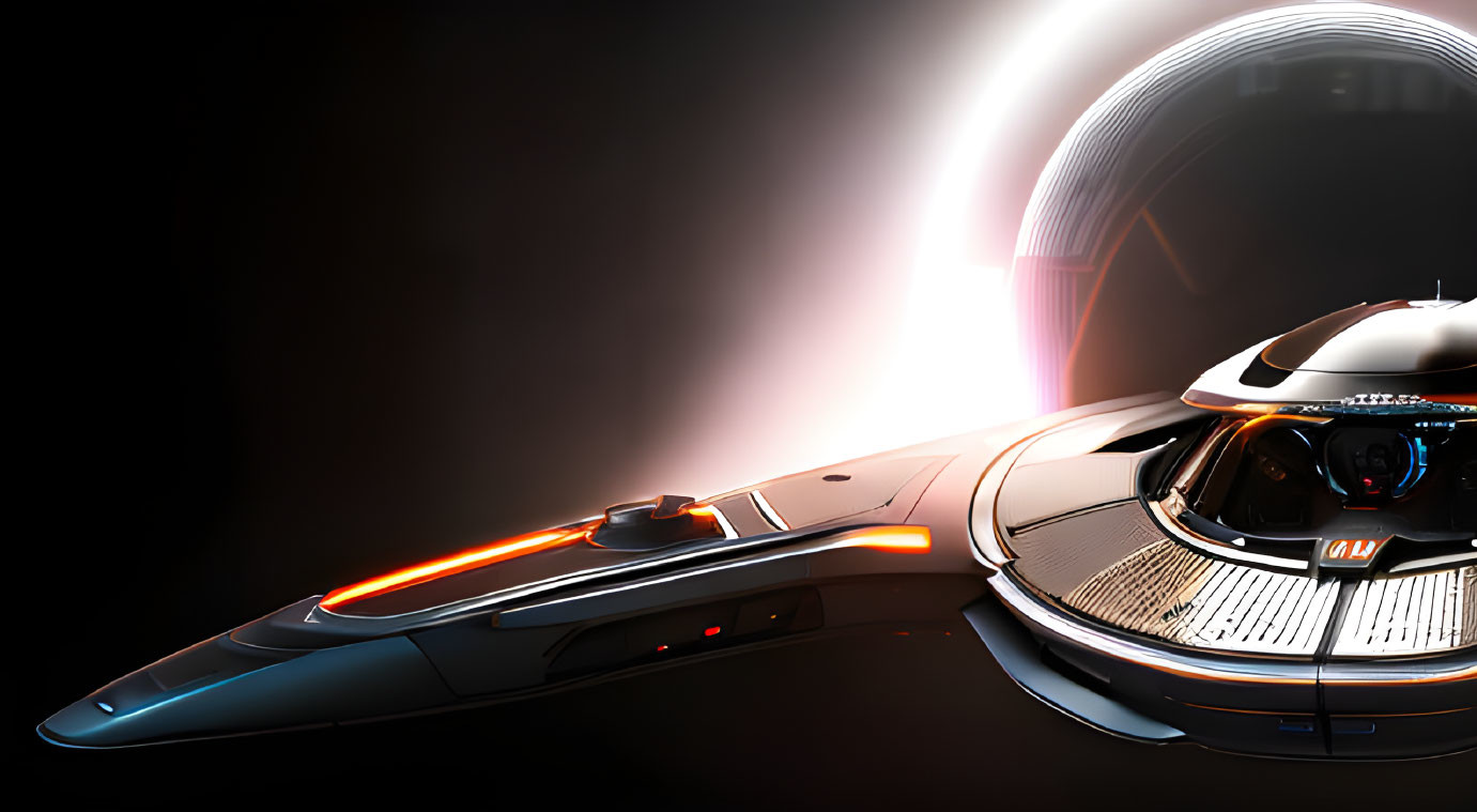 Futuristic spaceship with glowing orange accents on dark background