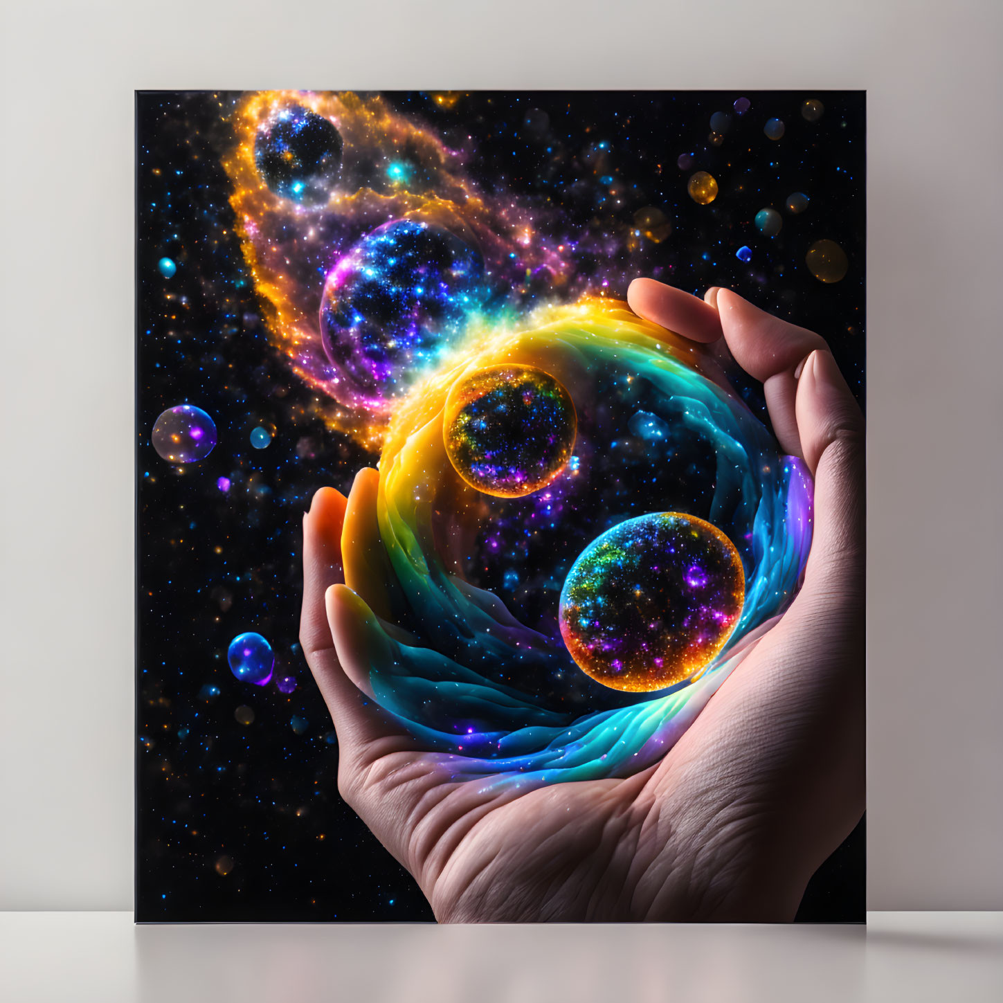 Cosmic scene with vibrant nebulae and galaxies in translucent spheres